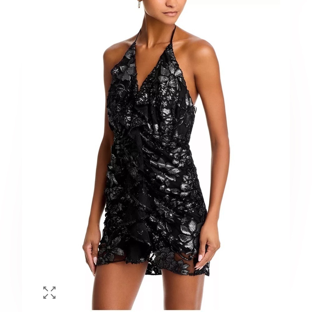 RAMY BROOK Hackett Halter Neck Ruched Gunmetal Flower Metallic Mini Dress 6 NWT